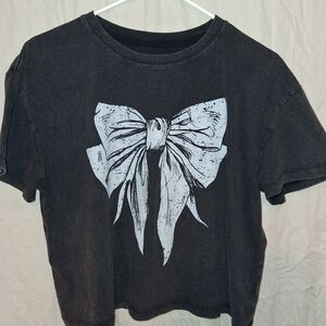 Black Crop Tee with White Bow Graphic